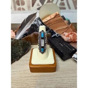 Vintage Inlay Turquoise Onyx Navajo Zuni Sterling Silver Statement Size 7 Ring